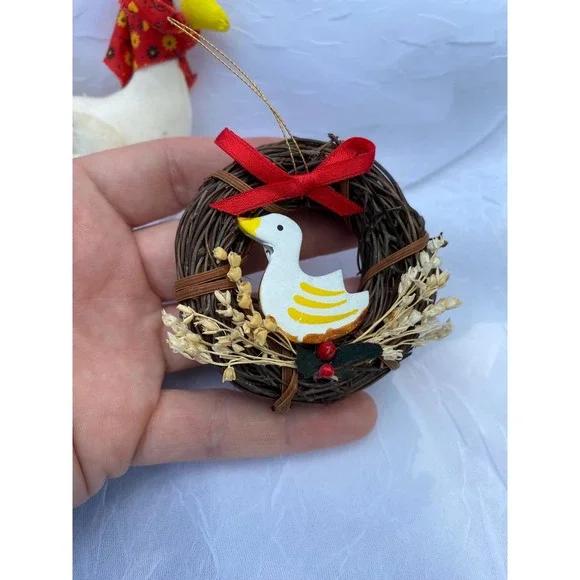 Vintage Country Goose Ornament Set Fabric Goose with Scarf & Grapevine Wreath - Picture 2 of 6